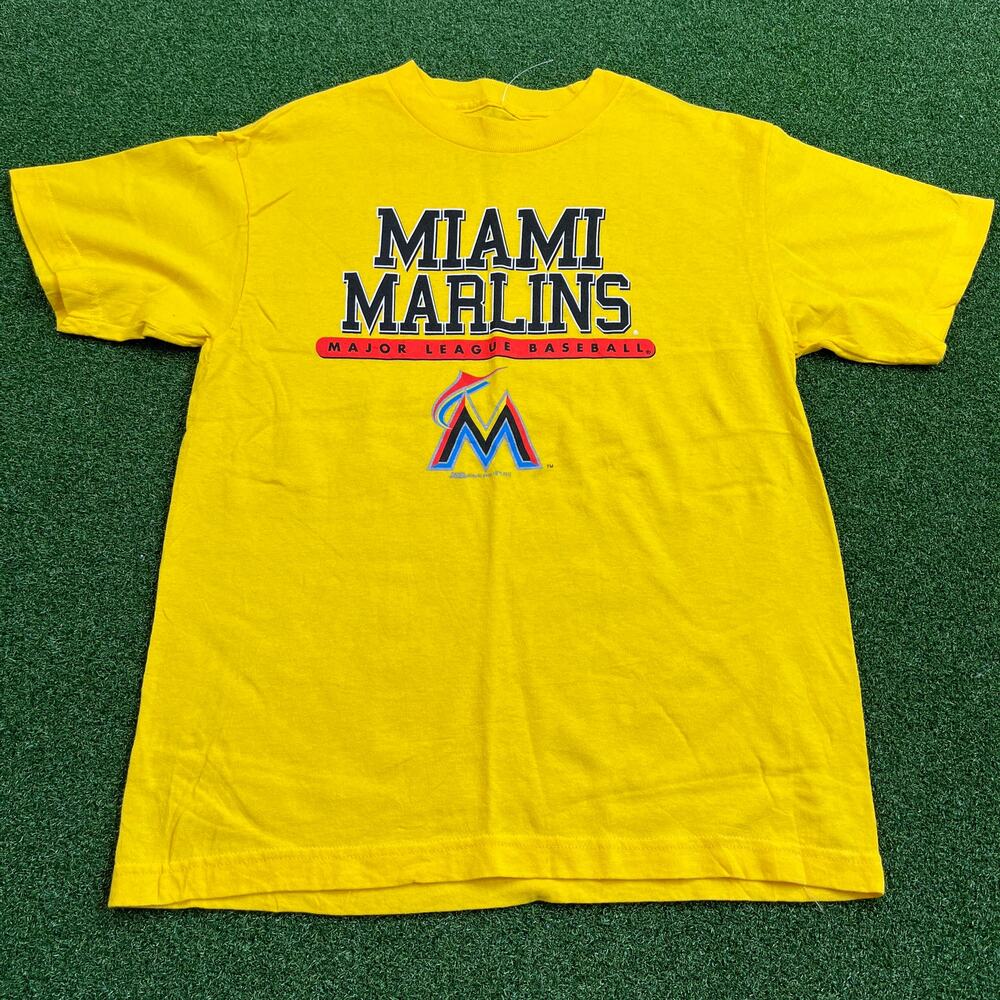 Y2K Stitches Yellow Miami Marlins MLB Baseball T-Shirt Sz L
